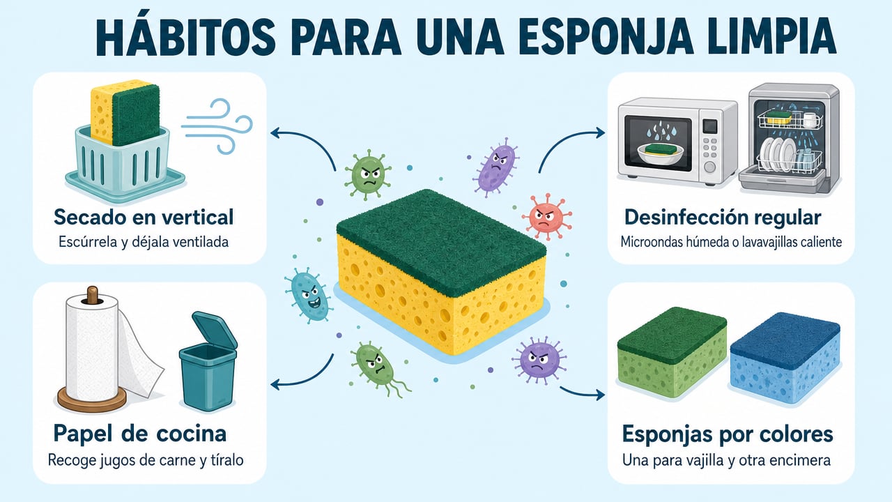 Secar en vertical, desinfectar, usar papel de cocina y separar esponjas por colores.
