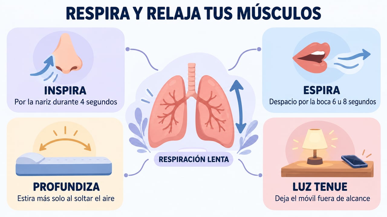 Respiración lenta en cuatro pautas: inspirar, espirar, profundizar al soltar el aire y cuidar el entorno.
