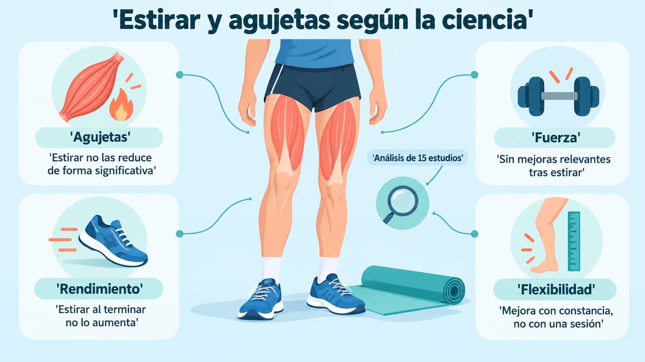 La evidencia científica no halla efecto de estirar sobre agujetas, fuerza, rendimiento ni flexibilidad inmediata.