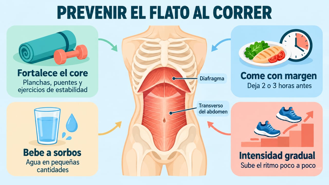 Para prevenir el flato: fortalecer el core, comer con margen, beber a sorbos y progresar poco a poco.