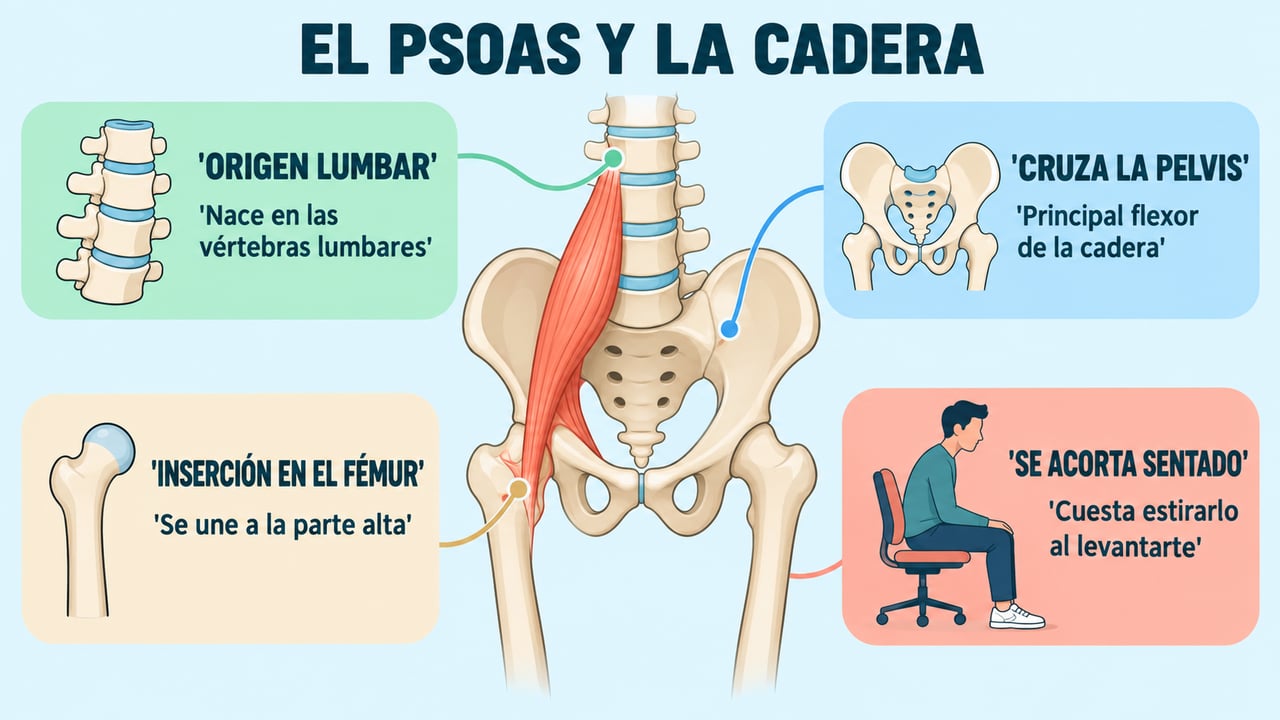 El psoas ilíaco nace en las lumbares, cruza la pelvis, se inserta en el fémur y se acorta sentado.