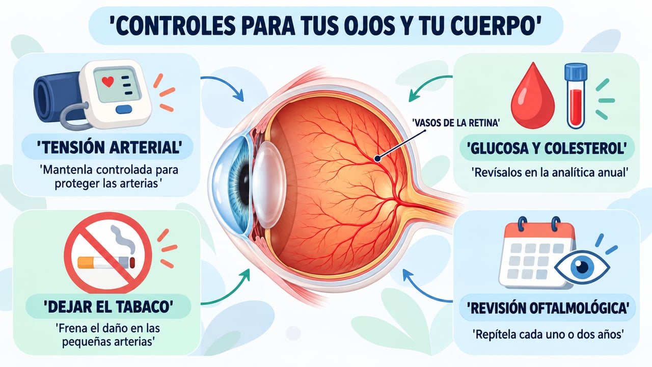 Tensión, glucosa, colesterol, tabaco y revisiones periódicas protegen los vasos del ojo y del cuerpo.