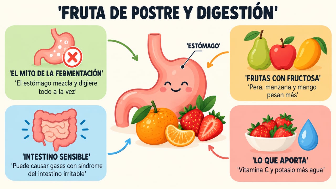 Mito de la fermentación, frutas con fructosa, intestino sensible y aportes de la fruta de postre.