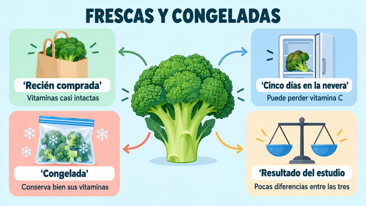 Comparativa del estudio: verdura recién comprada, cinco días en la nevera y congelada apenas difieren.