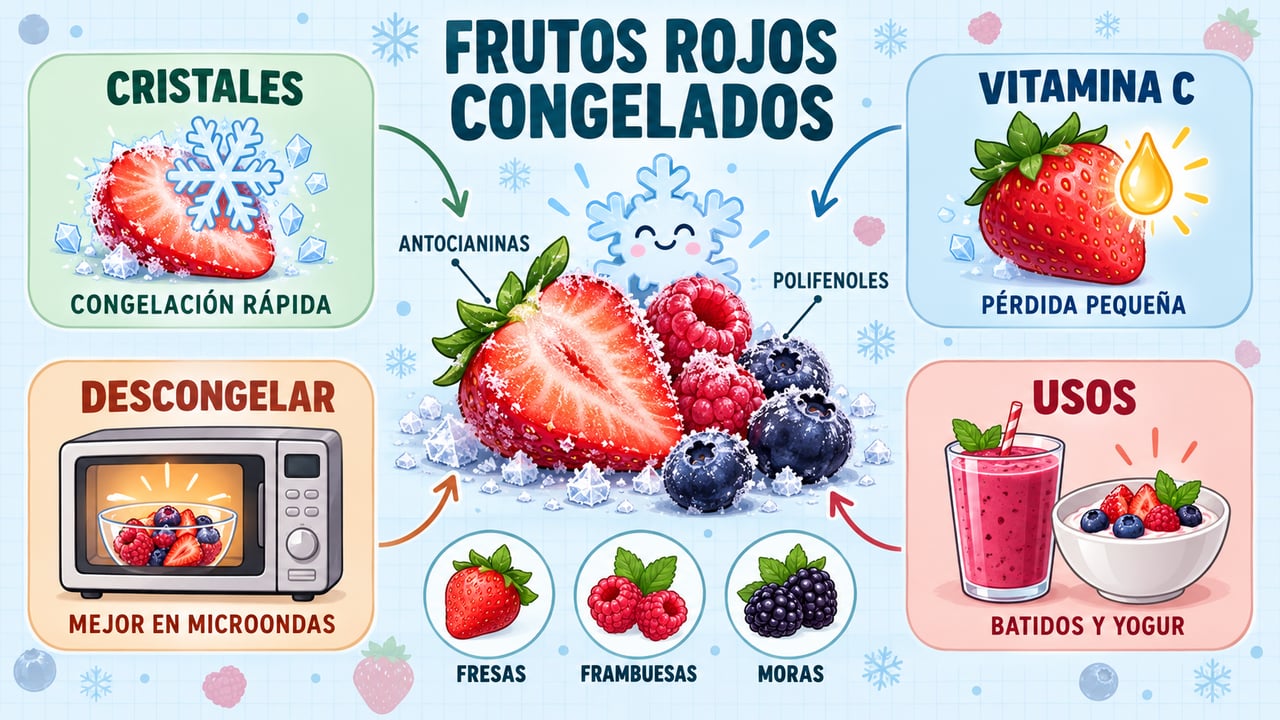 Cuatro claves de los frutos rojos congelados: cristales, vitamina C, descongelación en microondas y usos.