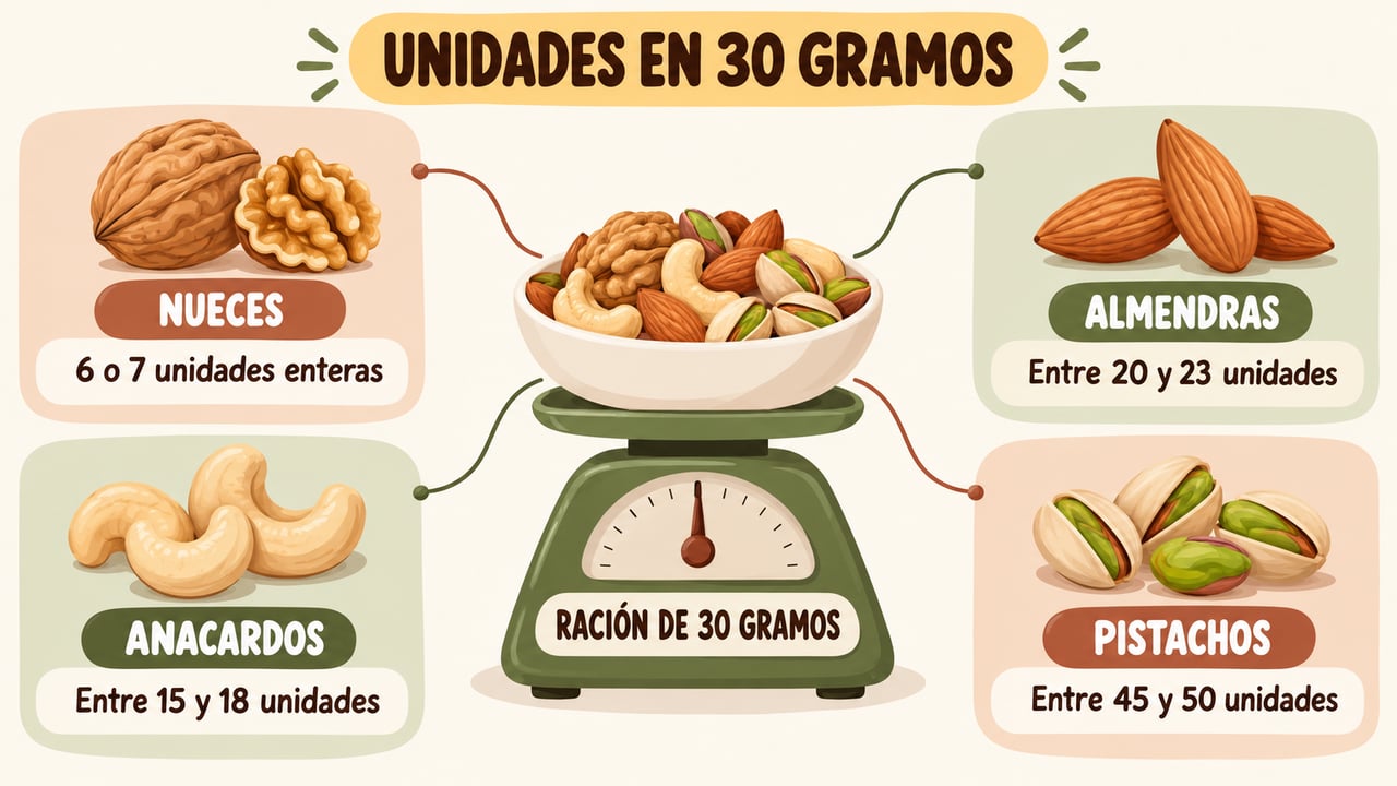 Unidades aproximadas en 30 gramos: nueces, almendras, anacardos y pistachos pelados y sin cáscara.