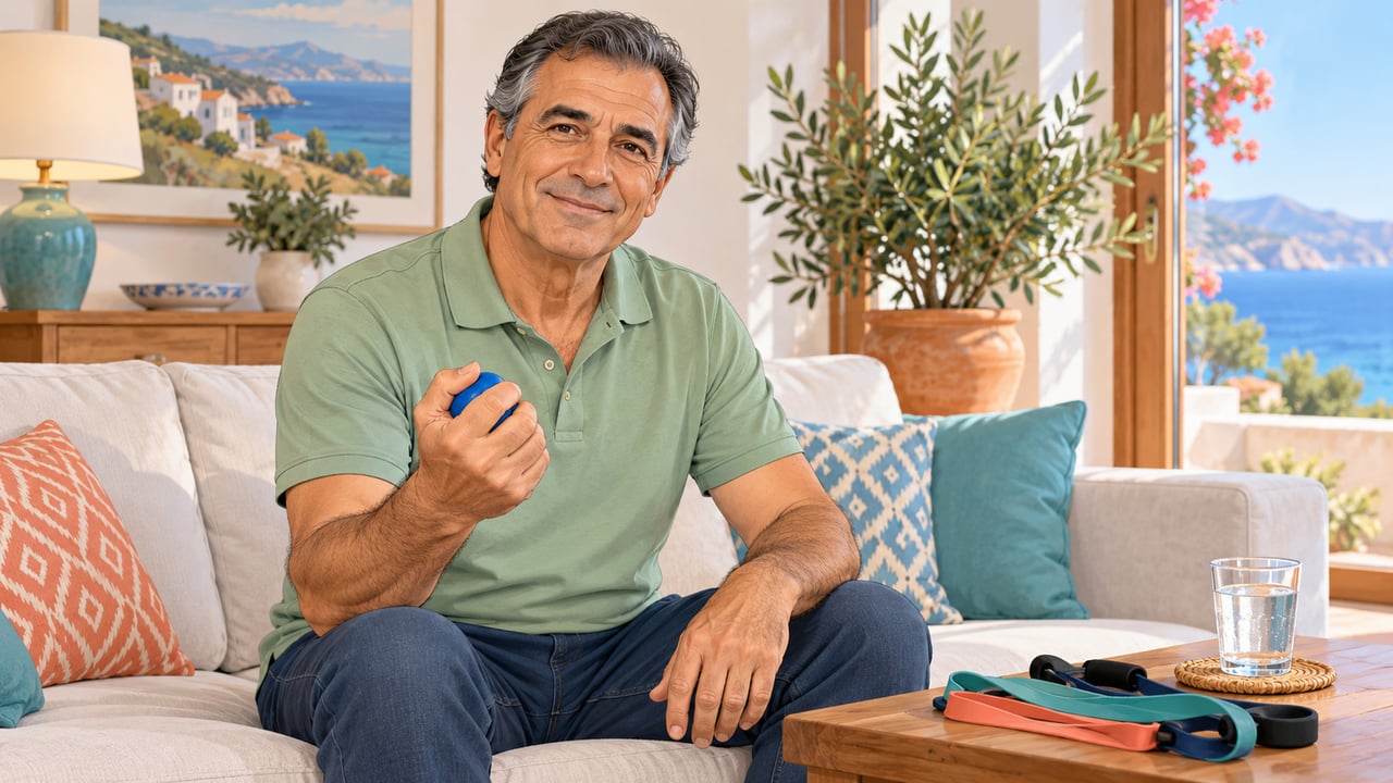 Apretar una pelota blanda en casa es un ejercicio sencillo para recuperar fuerza de agarre.