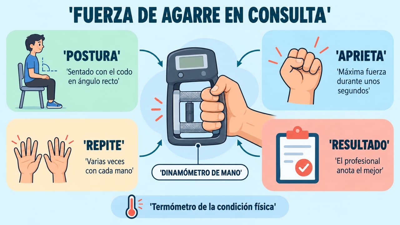 Así se hace la prueba: postura sentada, apretar con fuerza, repetir con cada mano y anotar el mejor resultado.