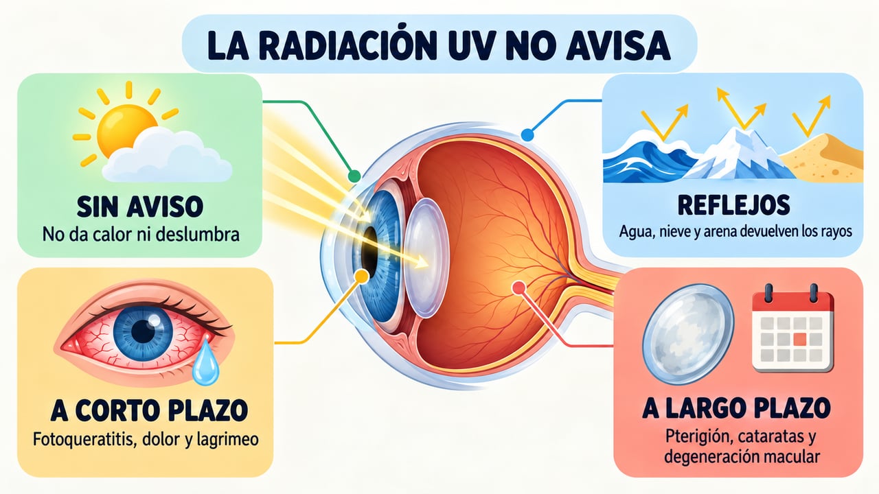 La radiación UV no avisa: se refleja en agua, nieve y arena y daña el ojo.