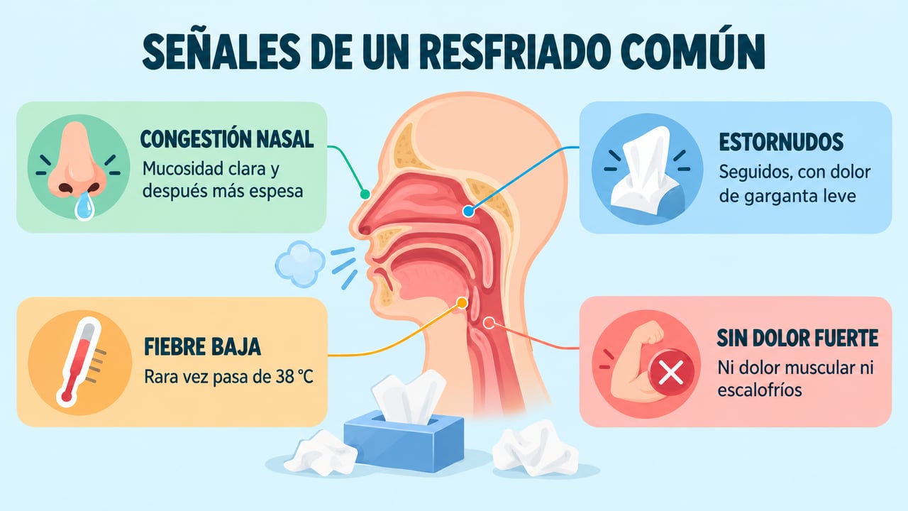 Congestión, estornudos, fiebre baja y ausencia de dolor muscular fuerte caracterizan al resfriado común.