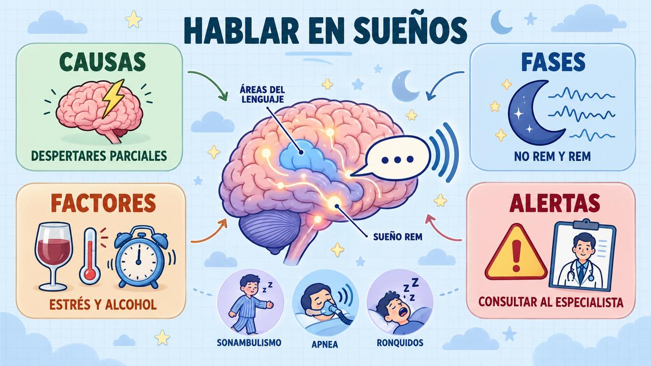 Causas, fases del sueño, factores desencadenantes y señales de alerta del habla nocturna.