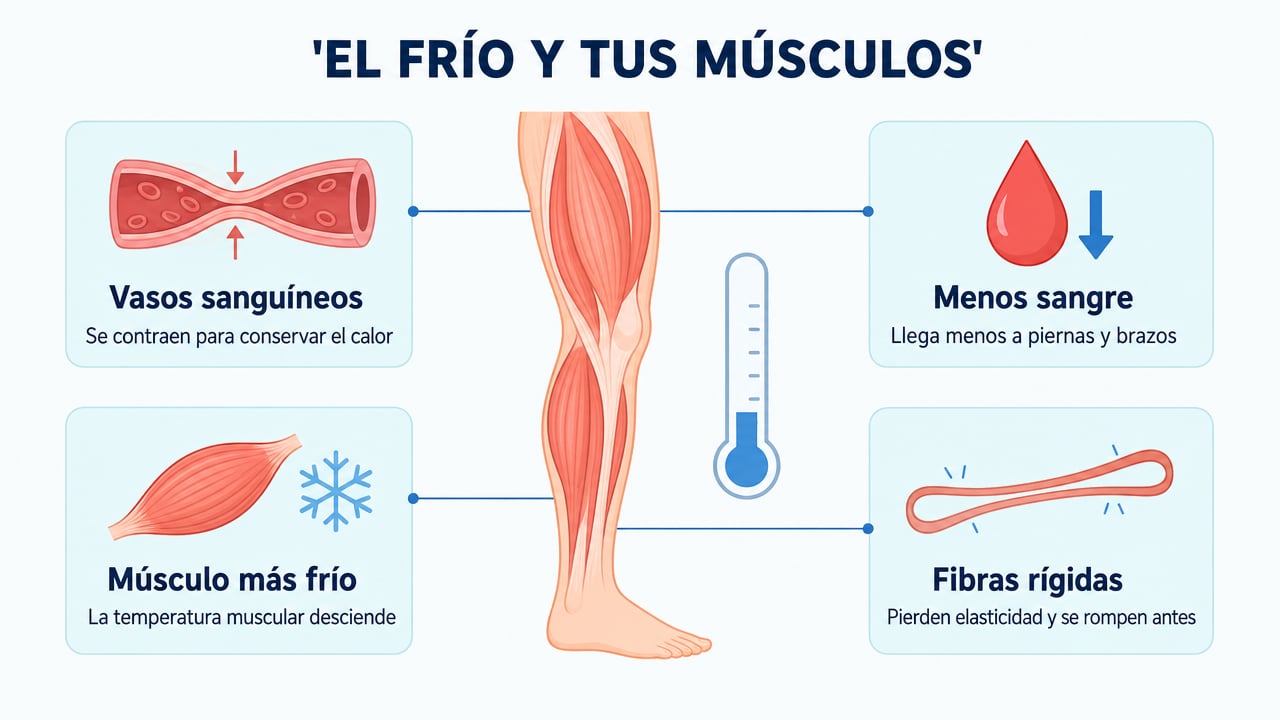 Con frío, los vasos se contraen, llega menos sangre y las fibras musculares pierden elasticidad.