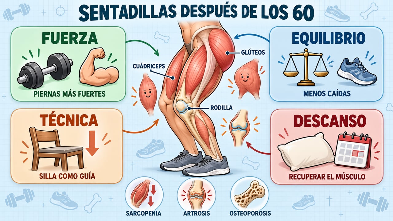 Cuatro pilares para sentadillas seguras: fuerza, equilibrio, buena técnica y descanso para recuperar el músculo.