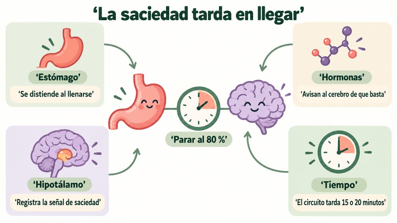 Estómago, hormonas y cerebro tardan entre 15 y 20 minutos en coordinar la señal de saciedad.