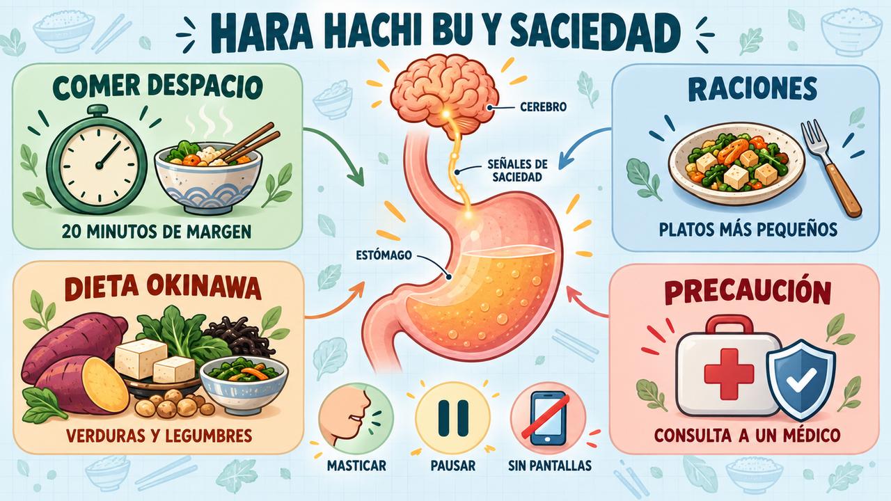 Cuatro claves del hara hachi bu: comer despacio, raciones moderadas, dieta de Okinawa y precaución.