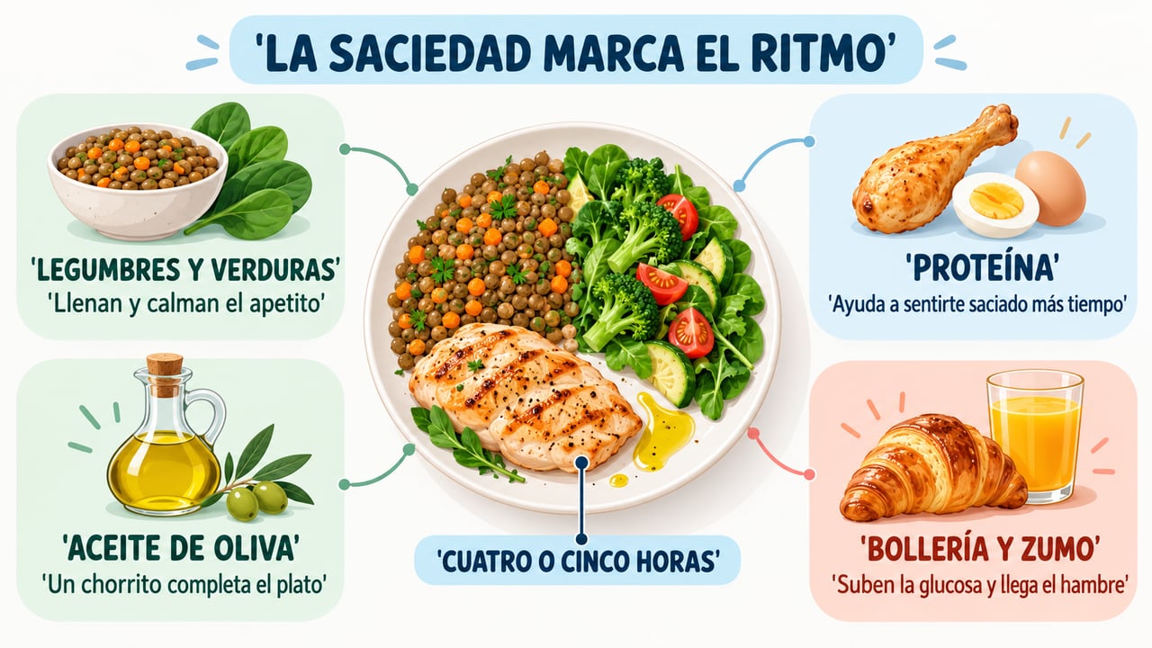 Legumbres, verduras, proteína y aceite de oliva mantienen la saciedad; la bollería con zumo la rompe.