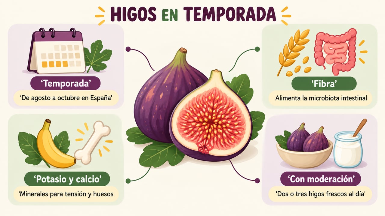 Cuatro claves del higo: temporada, fibra, potasio y calcio, y consumo moderado.