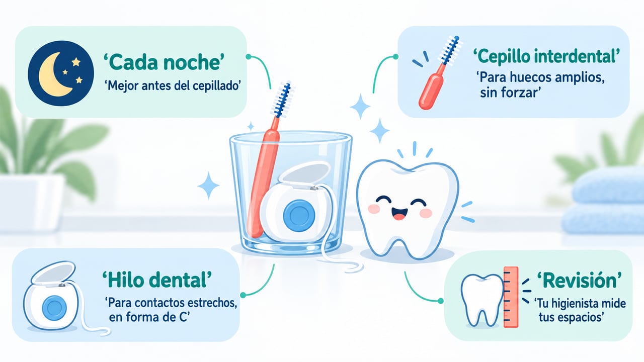 Rutina nocturna con cepillo interdental, hilo dental y revisión para cuidar las encías.