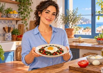 Un huevo frito sobre verduras salteadas y huevos cocidos al lado: equilibrio en la cocina española.