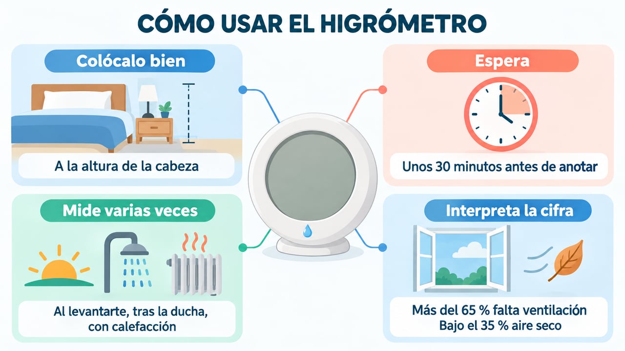 Cómo usar el higrómetro: colocarlo bien, esperar, medir varias veces e interpretar la cifra.