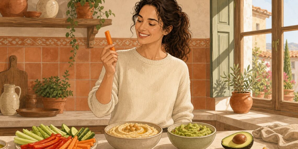 Hummus y guacamole con crudités: dos cremas para picar entre horas con cabeza.