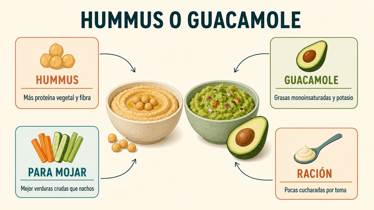 Hummus aporta proteína y fibra, guacamole grasas buenas y potasio; ambos con verduras y ración moderada.