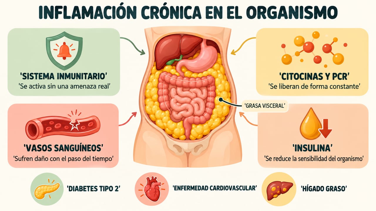 Cómo la activación inmunitaria constante daña los vasos, altera la insulina y se alimenta de grasa visceral.