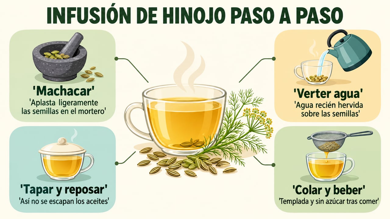 Preparación de la infusión de hinojo en cuatro pasos: machacar, verter agua, reposar tapada y colar.