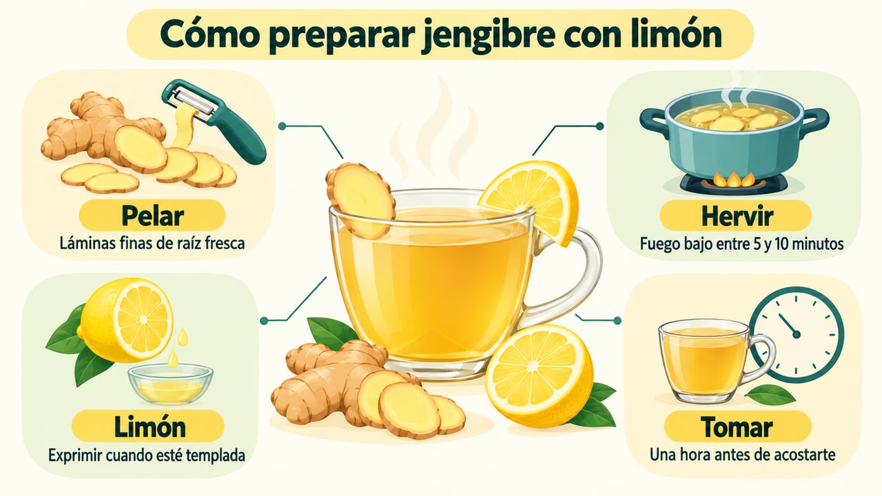 Pasos para preparar la infusión: pelar el jengibre, hervirlo, añadir el limón y tomarla antes de acostarte.