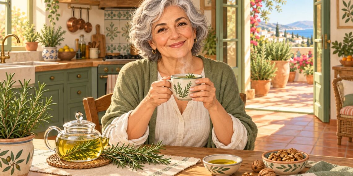 Una taza de infusión de romero en una cocina mediterránea, símbolo de tradición y bienestar.