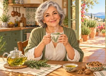 Una taza de infusión de romero en una cocina mediterránea, símbolo de tradición y bienestar.