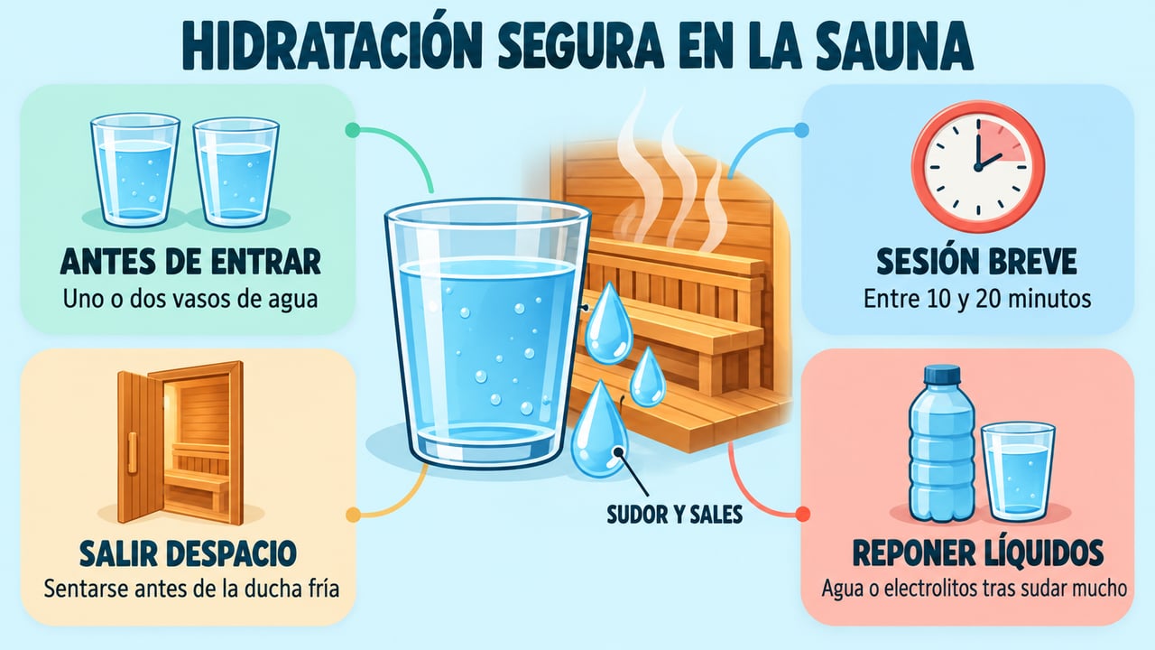 Beber antes, limitar la sesión, salir despacio y reponer líquidos: pautas de hidratación en la sauna.
