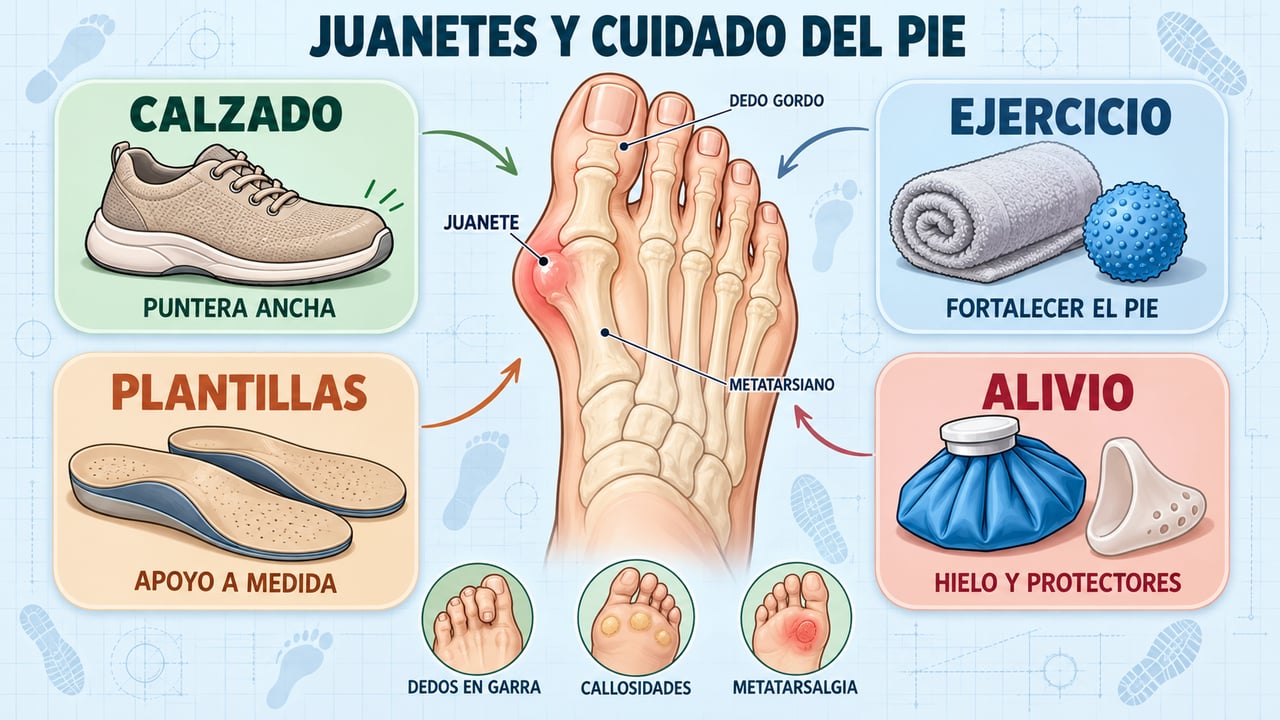 Calzado adecuado, ejercicio, plantillas a medida y alivio diario: cuatro pilares para que el juanete no empeore.