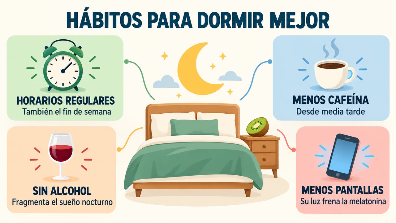 Horarios regulares, menos cafeína, sin alcohol y menos pantallas protegen la melatonina y el descanso.