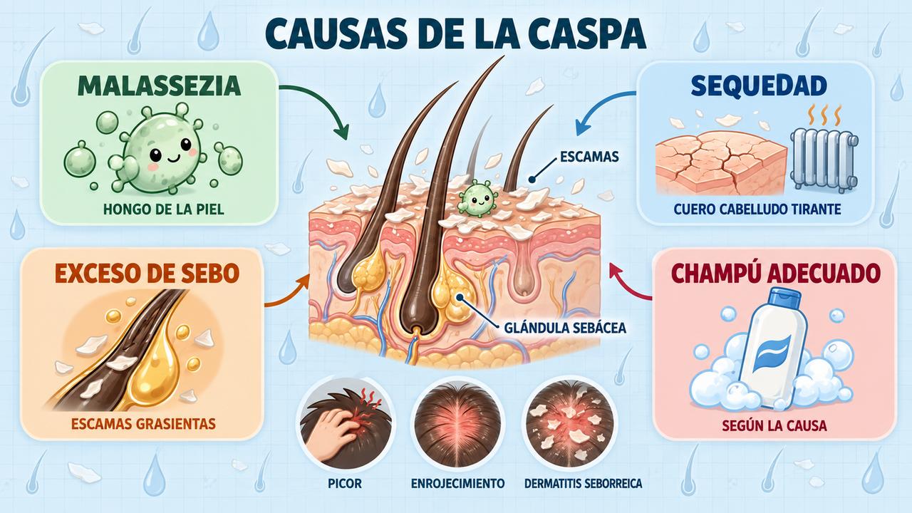 Hongo Malassezia, sequedad, exceso de sebo y champú adecuado: los cuatro factores clave de la caspa.