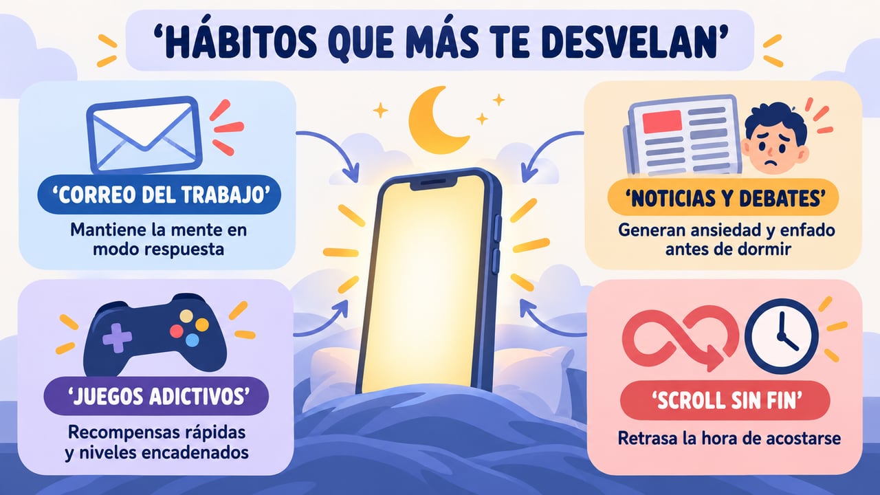 Correo del trabajo, noticias, juegos y scroll sin fin son los hábitos que más espabilan.