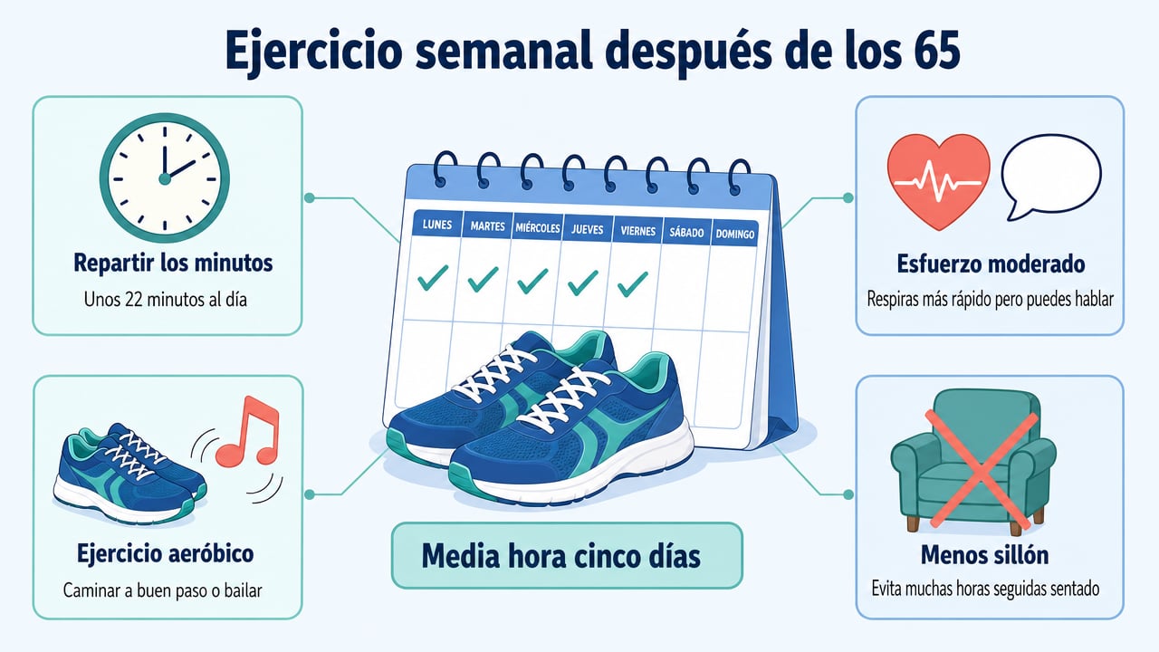 Minutos repartidos, esfuerzo moderado, ejercicio aeróbico y menos sillón: así cabe la actividad física en la semana.