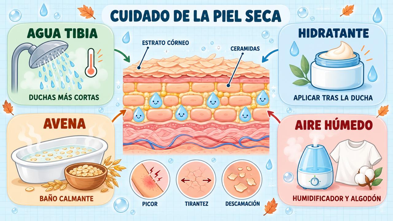 Cuatro claves contra la piel seca: agua tibia, crema hidratante, avena coloidal y aire húmedo.