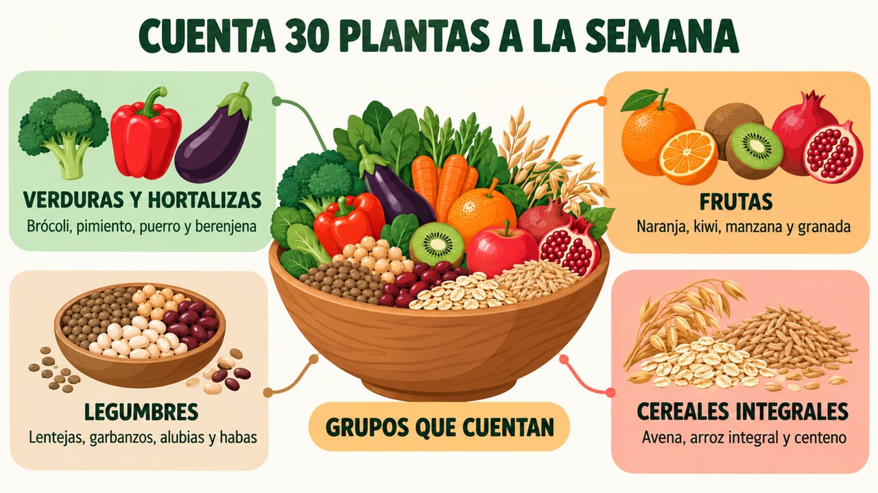 Verduras, frutas, legumbres y cereales integrales son grupos clave para sumar plantas distintas cada semana.