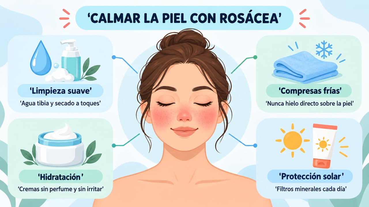 Cuatro cuidados caseros para la rosácea: limpieza suave, compresas frías, hidratación sin perfume y protección solar diaria.
