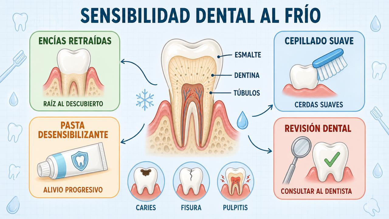 Encías retraídas, cepillado suave, pasta desensibilizante y revisión dental: claves para aliviar la sensibilidad al frío.