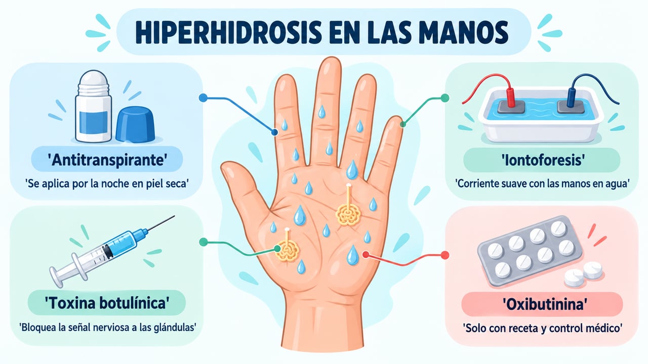 Tratamientos escalonados de la hiperhidrosis palmar, del antitranspirante a la iontoforesis, la toxina botulínica y la oxibutinina.