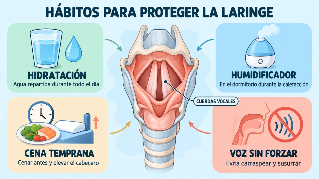 Hidratarse, humidificar el dormitorio, cenar temprano y no forzar la voz protegen la laringe.