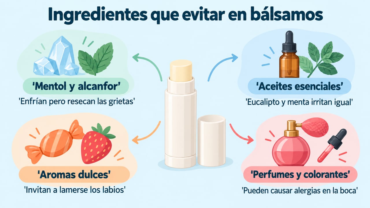 Mentol, aceites esenciales, aromas dulces y perfumes: ingredientes que conviene evitar en un bálsamo labial.