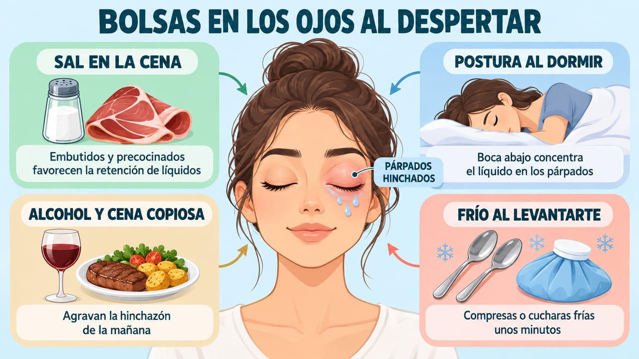 Sal en la cena, postura al dormir, alcohol y frío matinal explican y alivian las bolsas.