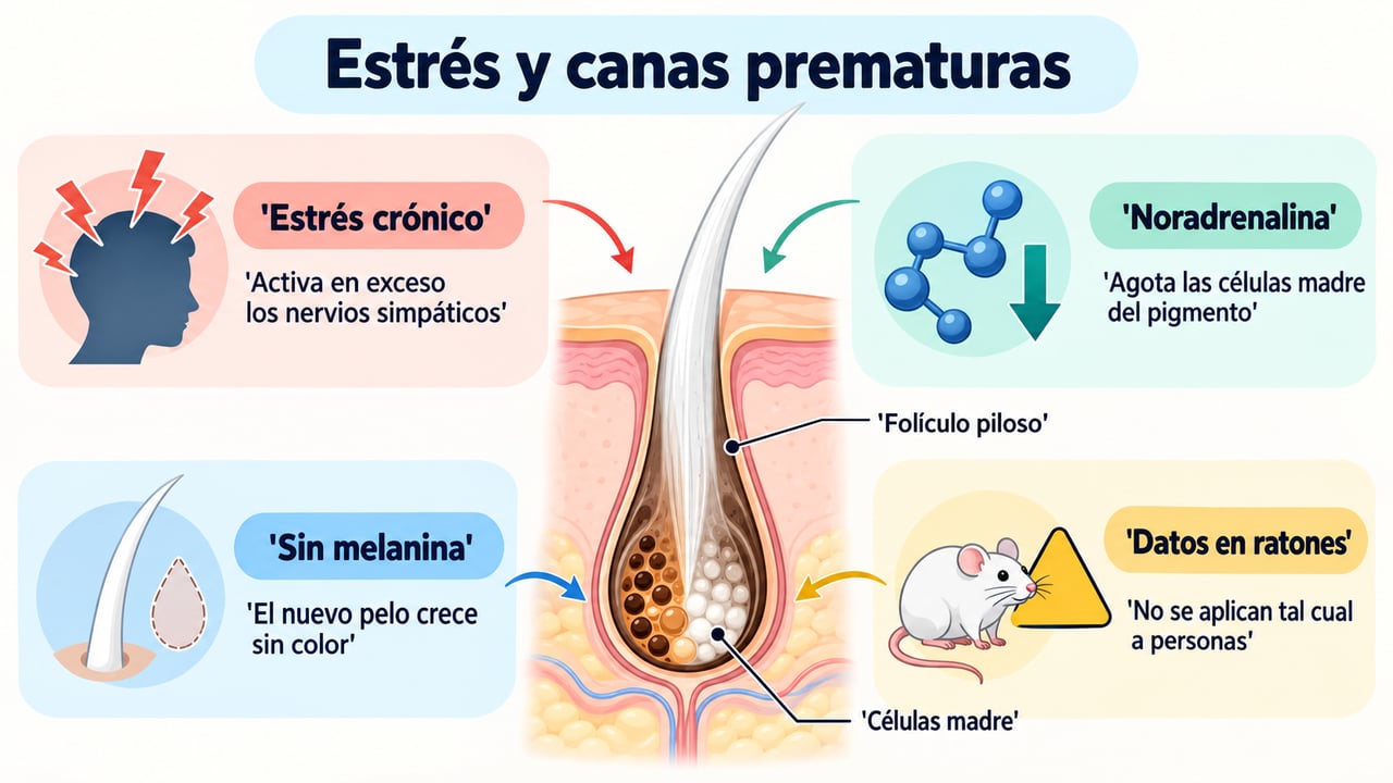 Cómo el estrés crónico y la noradrenalina agotan las células pigmentarias del folículo piloso.