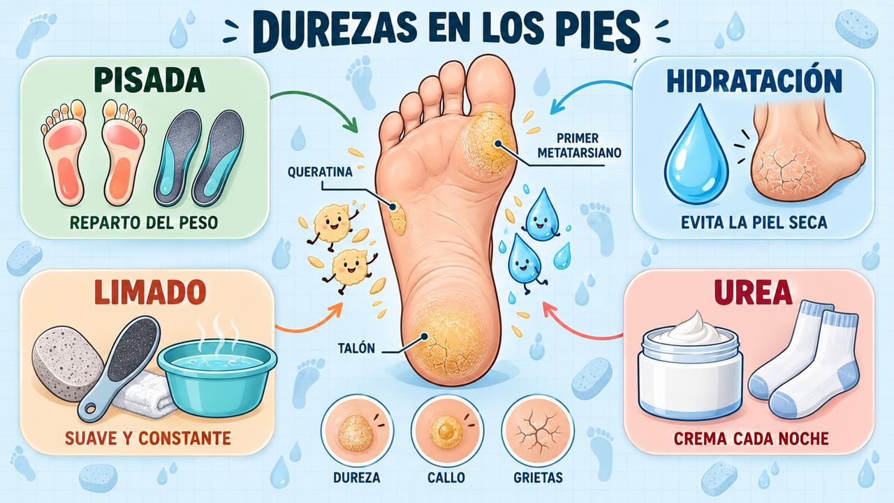 Pisada, hidratación, limado suave y crema con urea: cuatro pilares contra las durezas plantares.