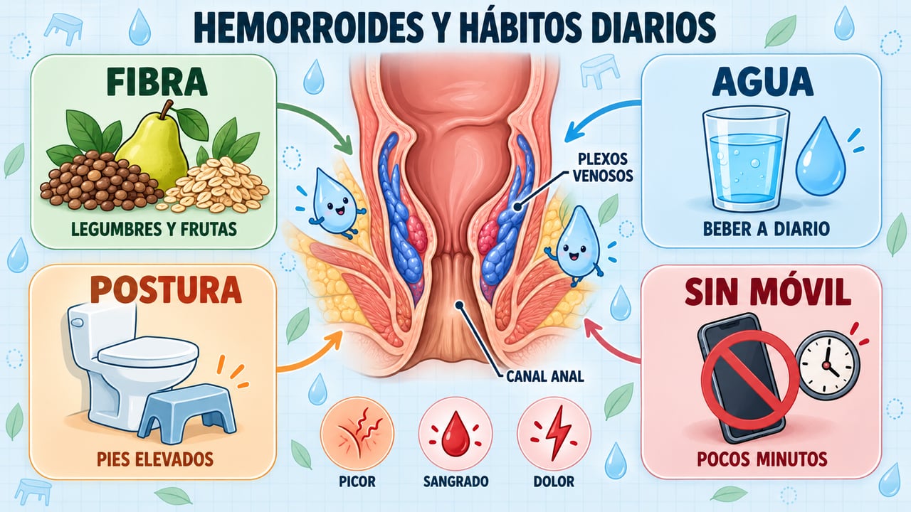 Fibra, agua, buena postura y menos tiempo sentado reducen la congestión venosa hemorroidal.