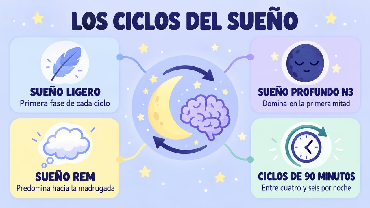 Ciclos de unos 90 minutos con sueño ligero, profundo N3 y REM durante toda la noche.