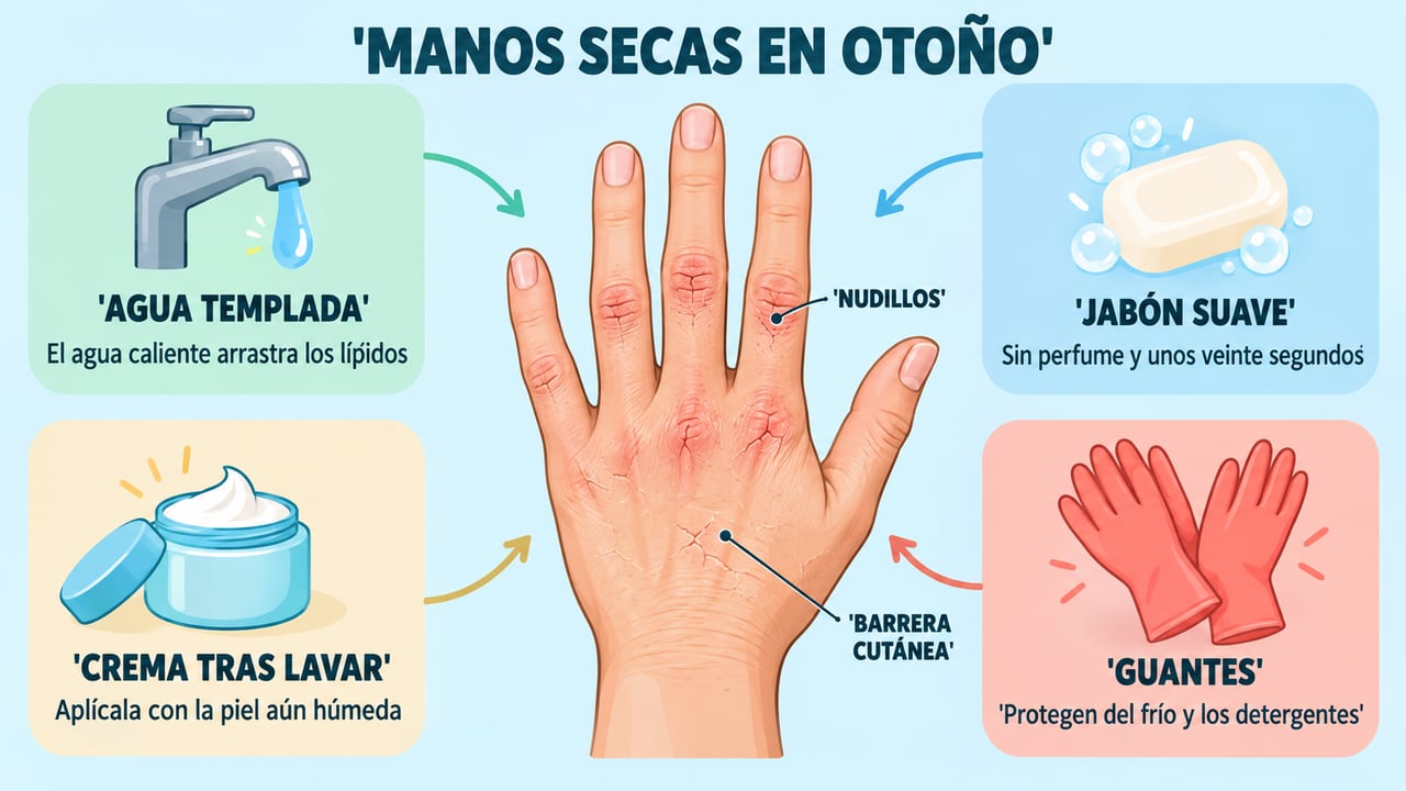 Cuatro gestos para proteger la barrera cutánea: agua templada, jabón suave, crema y guantes.